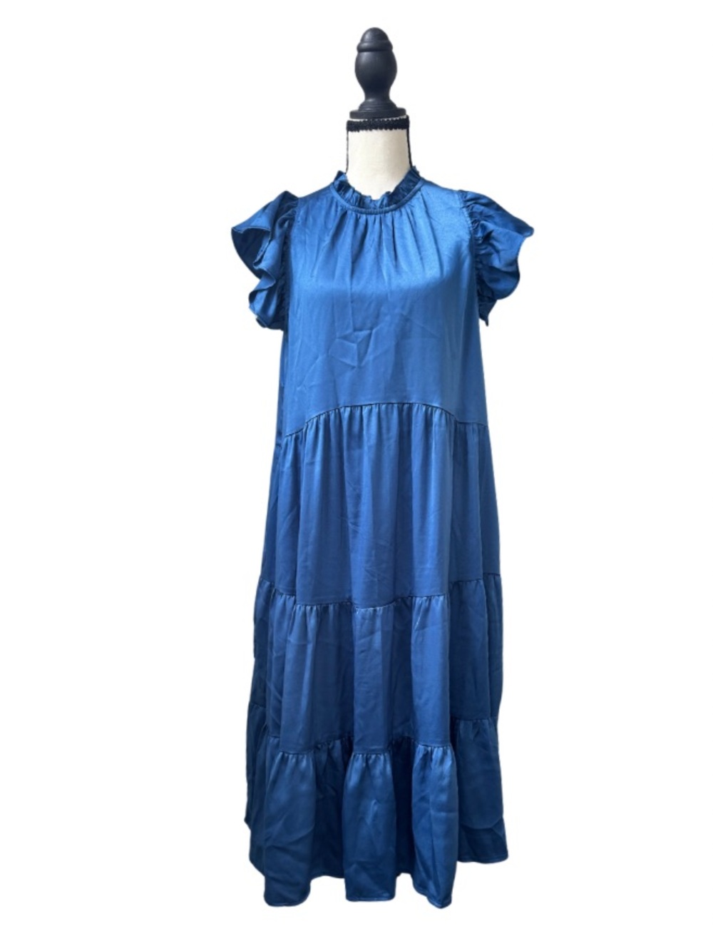PINCH Blue Satin Tiered Midi Dress Size Medium Ruffle Sleeve Pockets